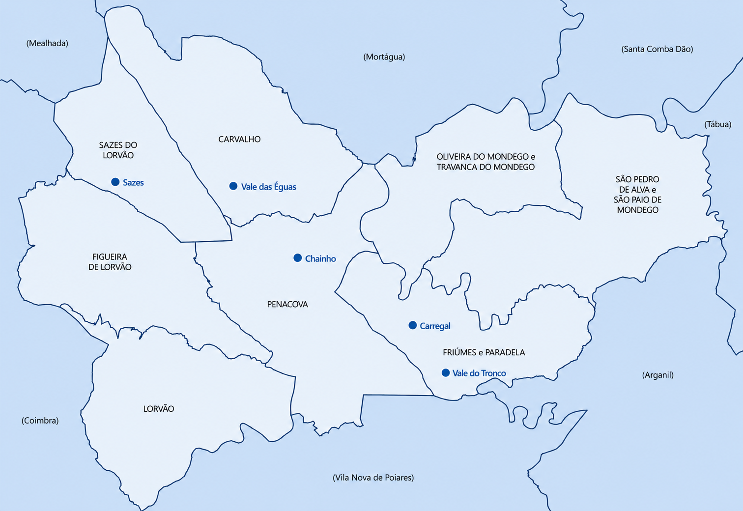 Mapa do concelho de Penacova com os locais mencionados na reportagem sobre cobertura de internet